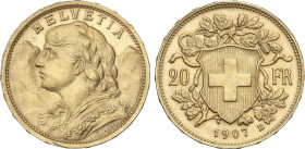 World Coins
20 Francs. 1907-B. BERNA. 6,44 grs. AU. Helvetia. (Leves rayitas en anverso). Fr-499; KM-35.1. EBC+.