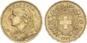 World Coins
20 Francs. 1927-B. BERNA. 6,42 grs. AU. Helvetia. Fr-499; KM-35.2. EBC+.