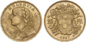 World Coins
20 Francs. 1947-B. BERNA. 6,43 grs. AU. Helvetia. Brillo original. Fr-499; KM-35.2. SC-.