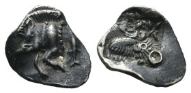 Silver 0.43 gr 11 mm MYSIA. Kyzikos. (Circa 450-400 BC). AR Hemiobol.
Obv: Forepart of boar left; to right, tunny upward.
Rev: Head of roaring lion le...