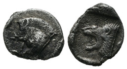 Silver 1.12 gr 12 mm MYSIA. Kyzikos. (Circa 450-400 BC). AR Hemiobol.
Obv: Forepart of boar left; to right, tunny upward.
Rev: Head of roaring lion le...