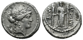 Silver 3.71 gr 19 mm P. Clodius M. f. Turrinus, AR denarius, Rome Mint, 42 BC.
Laureate head of Apollo right, behind lyre
Diana standing facing, holdi...