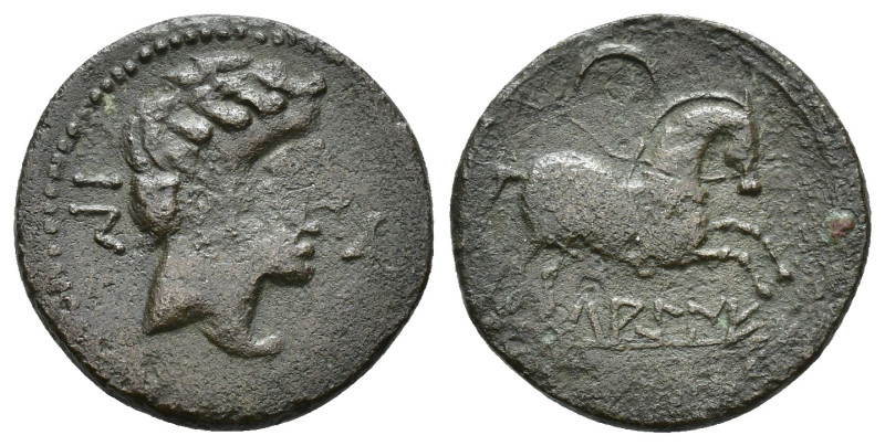 HISPANIA ANTIGUA. LAKINE. Mitad. A/ Cabeza masculina a der., delante delfín, det...