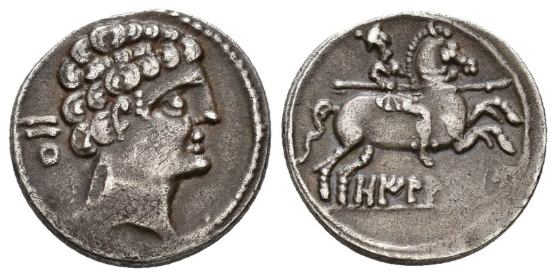 HISPANIA ANTIGUA. OILAUNIKOS. Denario. A/ Cabeza masculina a der., peinado en tr...