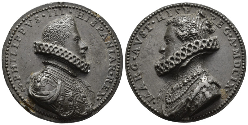 FELIPE III. Medalla. (1609) Felipe III y Margarita de Austria. AE 86,87 g.50,68 ...