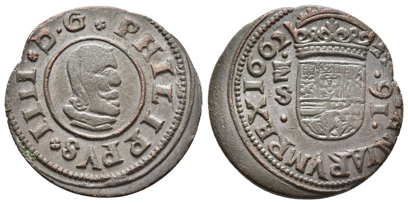 FELIPE IV. 16 maravedís. Madrid (1662) S. 16 invertido. CU 4,86 g. 26,96 mm. AC-...