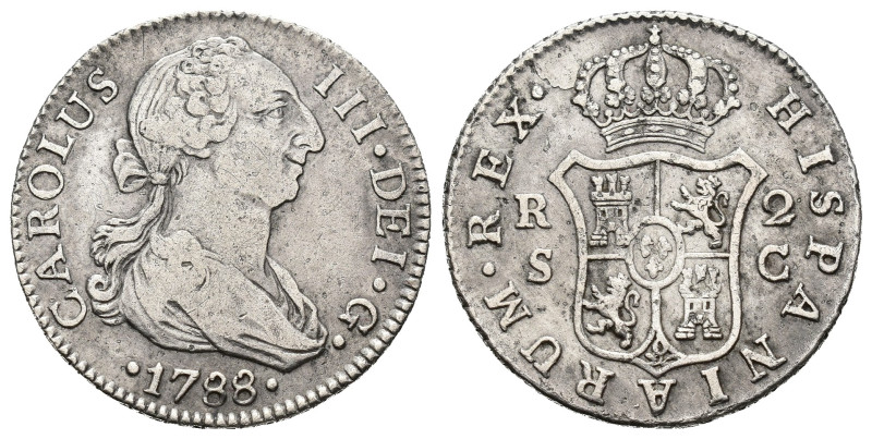 CARLOS III. 2 reales. 1788. Sevilla. C. AR 5,79 g. 26,23 mm. VI-664. Pequeñas ma...