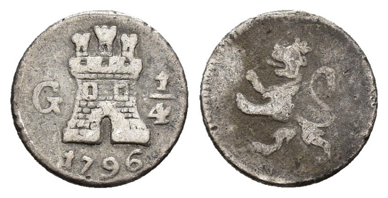 CARLOS IV 1/4 real. 1796. Nueva Guatemala. AR 0,78 g. 11,06 mm. VI-82. MBC-/BC+.