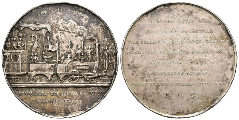 ISABEL II. Medalla. 1848. Primer ferrocarril español Barcelona-Mataró. Grabador:...