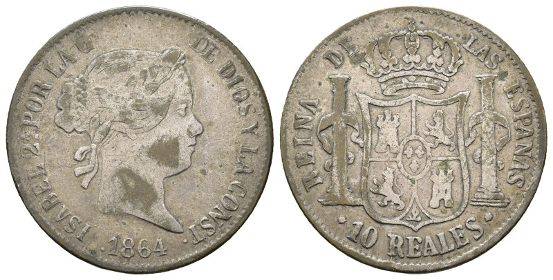 ISABEL II. 10 reales. 1863. Madrid. Falsa de época en latón plateado. 11,26 g. 2...