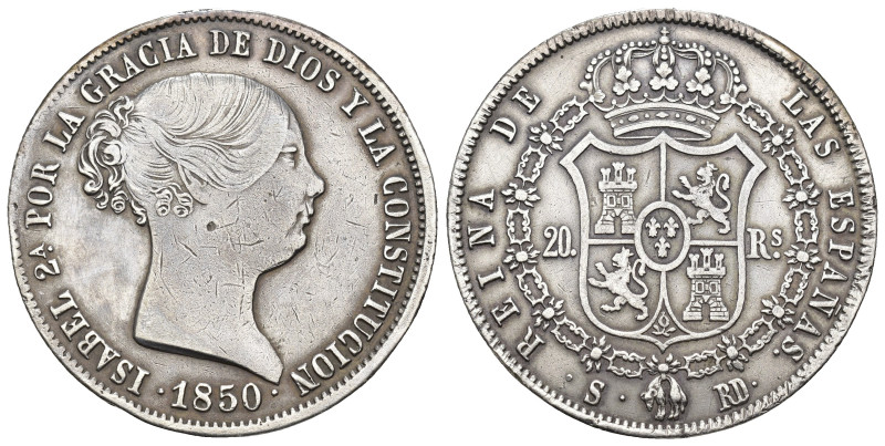 ISABEL II. 20 reales. 1850. Sevilla. RD. AR 26 g. 37,17 mm. VI-522. Golpecitos e...