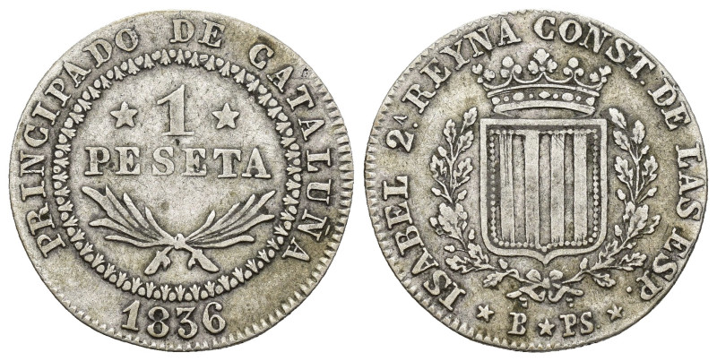 ISABEL II. 1 peseta. 1836. Barcelona. PS. AR 5,77 g. 25,05 mm. VI-540. MBC.