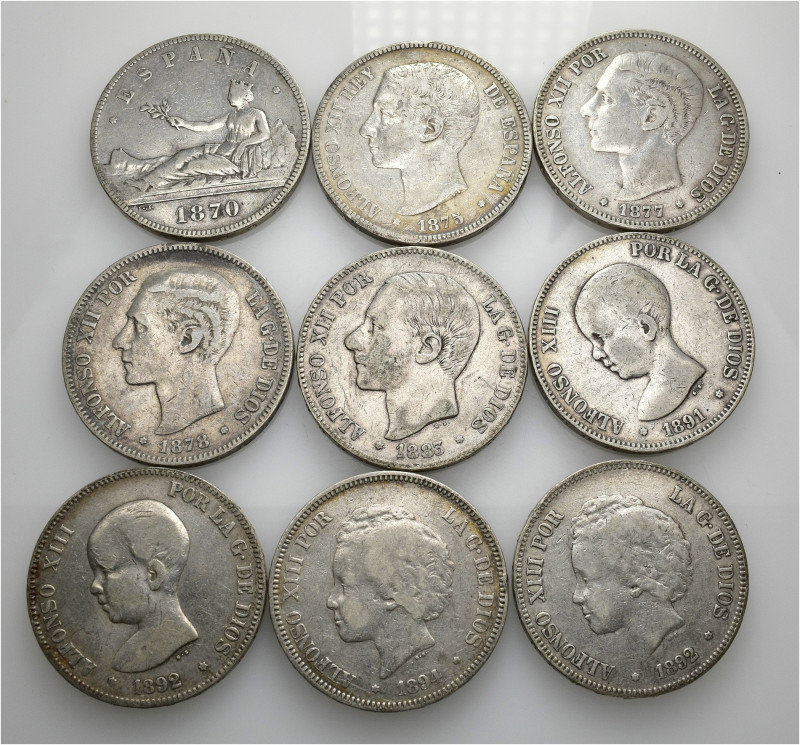 ALFONSO XIII. Lote de 9 piezas de 5 pts.: 1870 (1), Alfonso XII (4) y Alfonso XI...