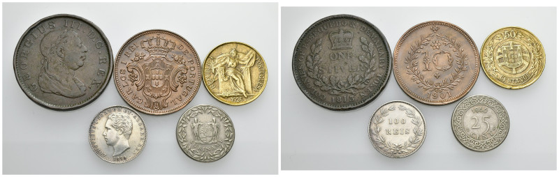 MONEDAS EXTRANJERAS. Lote de 5 monedas: Portugal (3: 100 reis, 1879; 10 reis, 19...