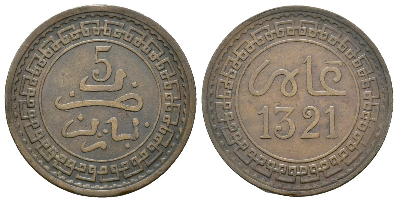 MONEDAS EXTRANJERAS. MARRUECOS. Abd al-Aziz. 5 mazuma. París 1321 H. BR 4,97 g. ...