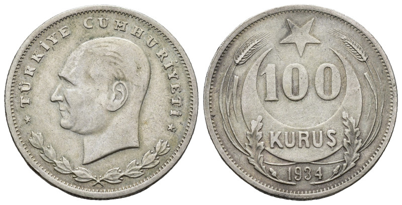 MONEDAS EXTRANJERAS. TURQUÍA. 100 kurus. 1934. AR 11,94 g. 29,2 mm. KM-860. 1. M...