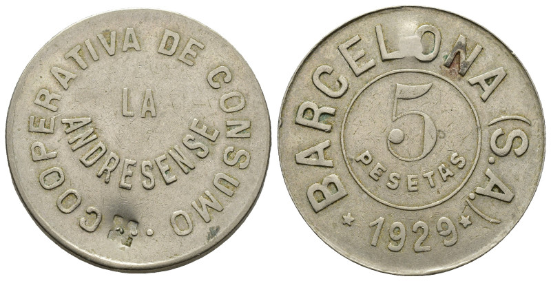 FICHAS. 5 pesetas. 1929. Barcelona. Cooperativa de Consumo La Andresense. Níquel...