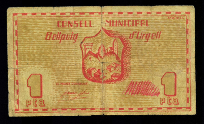 BILLETES LOCALES GUERRA CIVIL. 1 peseta. 1937. Consejo Municipal de Bellpuig de ...