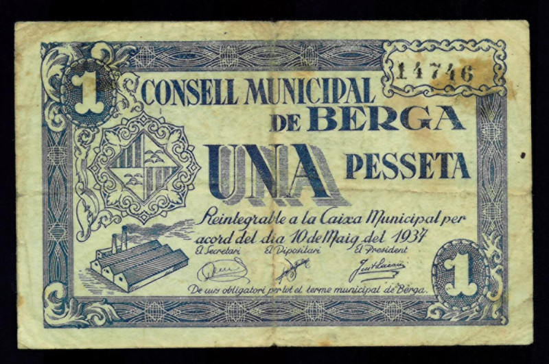 BILLETES LOCALES GUERRA CIVIL. 1 peseta. 1937. Ayuntamiento de Berga. Turró-484....