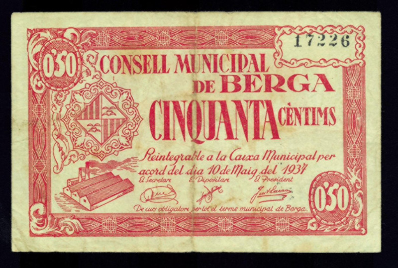 BILLETES LOCALES GUERRA CIVIL. 50 céntimos. 1937. Consejo Municipal de Berga. Tu...