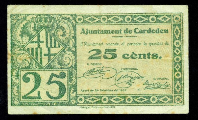 BILLETES LOCALES GUERRA CIVIL. 25 céntimos. 1937. Ayuntamiento de Cardedeu. Turr...