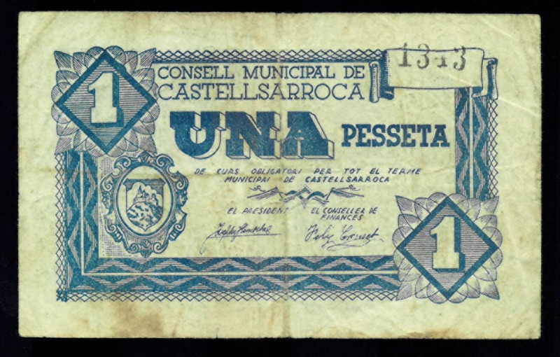 BILLETES LOCALES GUERRA CIVIL. 1 peseta. 1937. Consejo Municipal de Castellsarro...