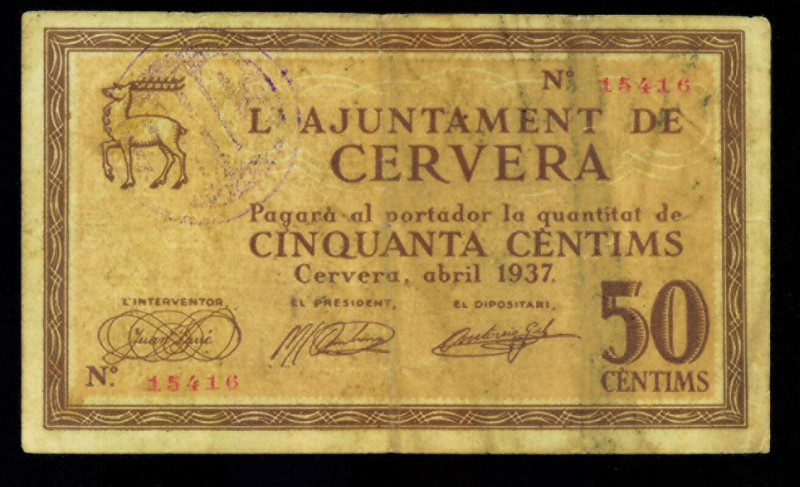 BILLETES LOCALES GUERRA CIVIL. 50 céntimos. 1937. Ayuntamiento de Cervera. Turró...