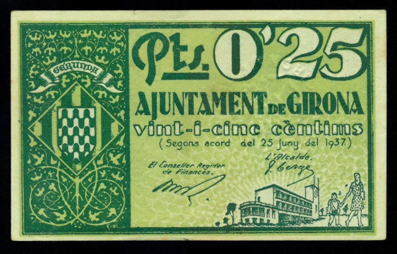 BILLETES LOCALES GUERRA CIVIL. 25 céntimos. 1937. Ayuntamiento de Girona. Turró-...