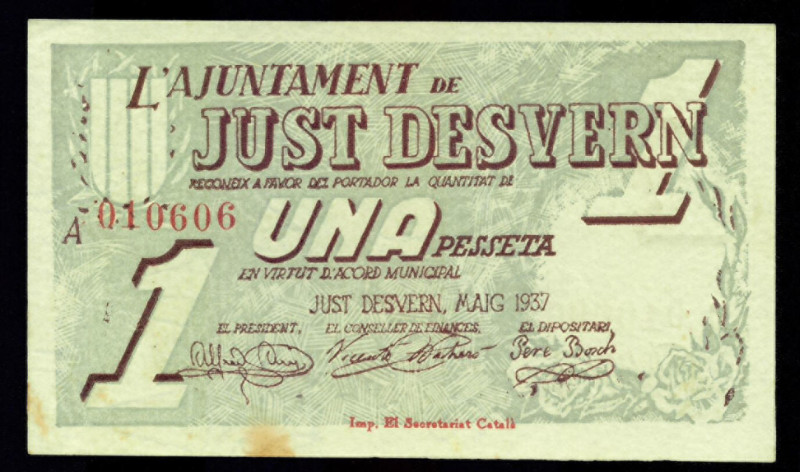 BILLETES LOCALES GUERRA CIVIL. 1 peseta. 1937. Ayuntamiento de Just Desvern. Tur...