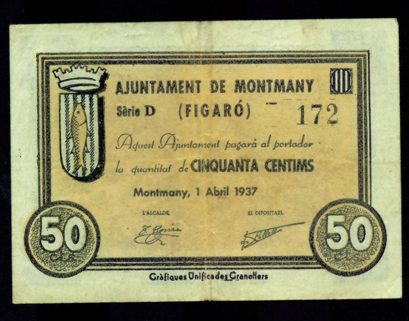 BILLETES LOCALES. GUERRA CIVIL. 50 céntimos. 1937. Ayuntamiento de Montmany. Tur...