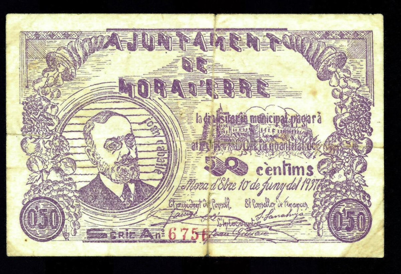 BILLETES LOCALES. GUERRA CIVIL. 50 céntimos. 1937. Ayuntamiento de Mora la Nova....