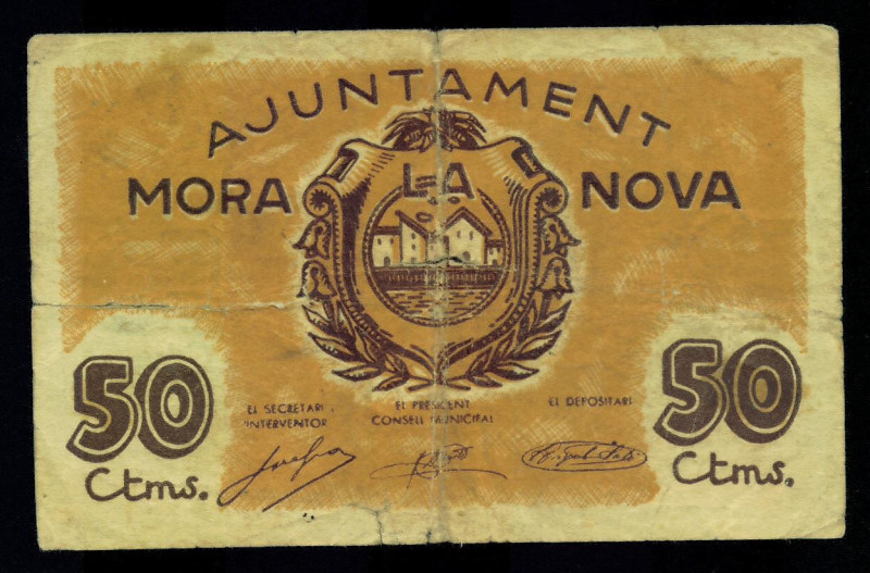 BILLETES LOCALES. GUERRA CIVIL. 50 céntimos. Ayuntamiento de Mora la Nova. Turró...