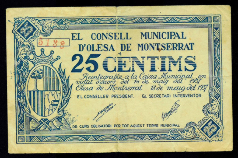 BILLETES LOCALES. GUERRA CIVIL. 25 céntimos. 1937. Consejo Municipal de Olesa de...