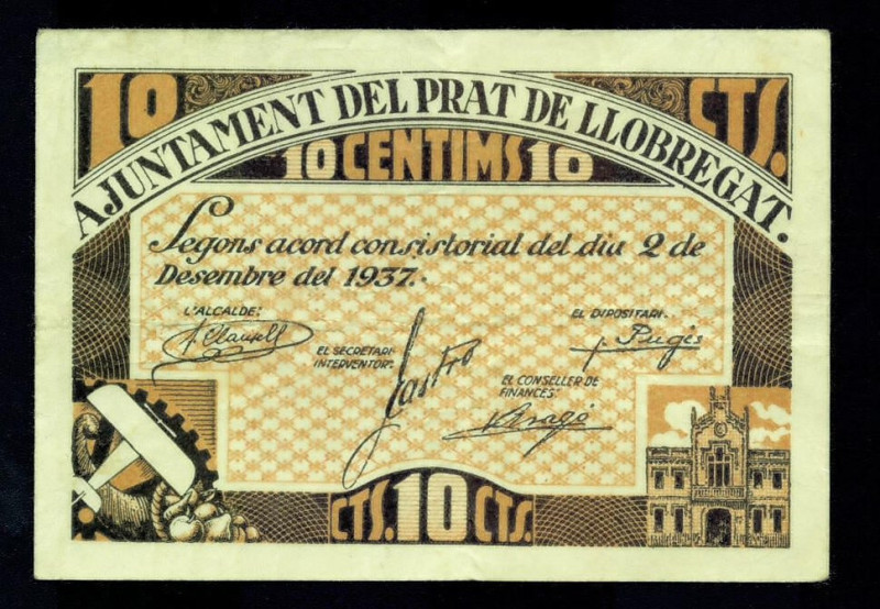 BILLETES LOCALES. GUERRA CIVIL. 10 céntimos. 1937. Ayuntamiento de Prat de Llobr...