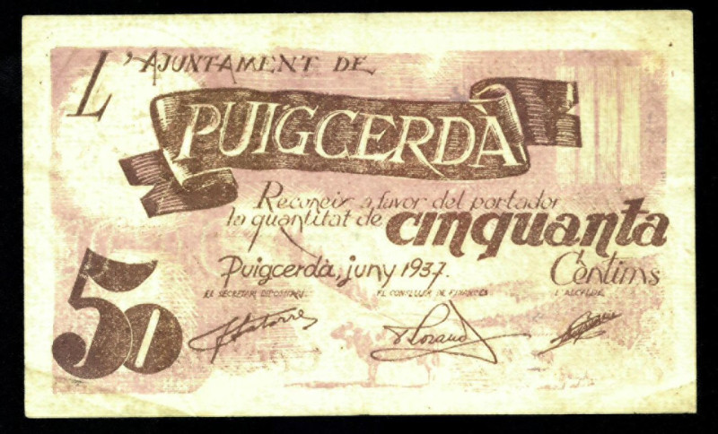 BILLETES LOCALES. GUERRA CIVIL. 50 céntimos. 1937. Ayuntamiento de Puigcerdá. Tu...