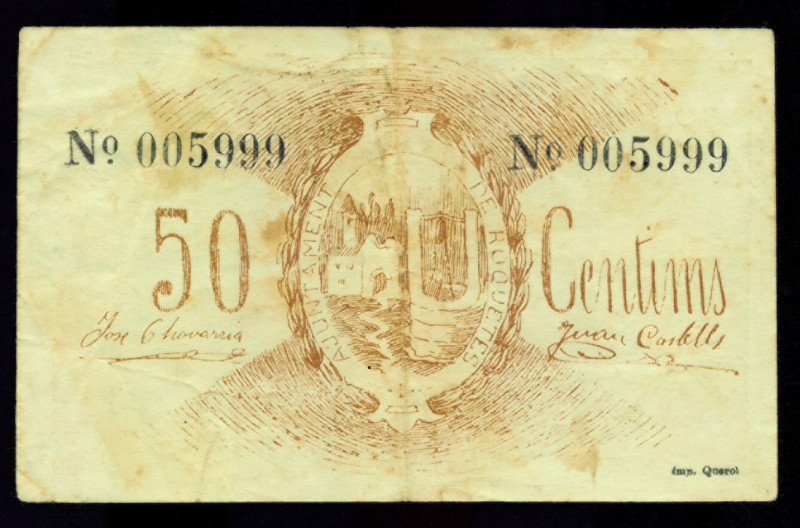 BILLETES LOCALES. GUERRA CIVIL. 50 céntimos. Ayuntamiento de Roquetes. Turró-220...