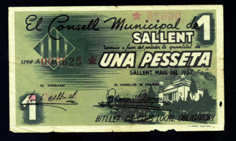 BILLETES LOCALES. GUERRA CIVIL. 1 peseta. 1937. Consejo Municipal de Sallent. Tu...