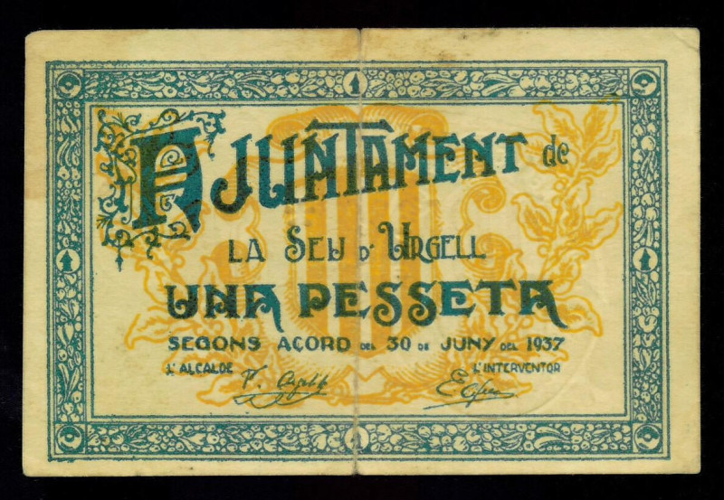 BILLETES LOCALES. GUERRA CIVIL. 1 peseta. 1937. Ayuntamiento de la Seo de Urgell...