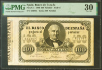 100 Pesetas. 1 de Julio de 1884. Sin serie. (Edifil 2021: 289, Pick: 31). Raro, especialmente sin reparaciones. MBC+. Encapsulado PMG30 (previously mo...