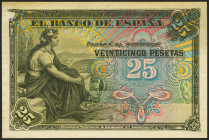 Prueba definitiva del anverso del 25 Pesetas emitido el 24 de Septiembre de 1906 sin serie, SPECIMEN y sin firmas. (Edifil 2021: 314Pa). Ligero defect...