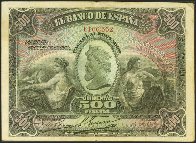 500 Pesetas. 28 de Enero de 1907. Sin serie. (Edifil 2021: 316). Raro, especialm...