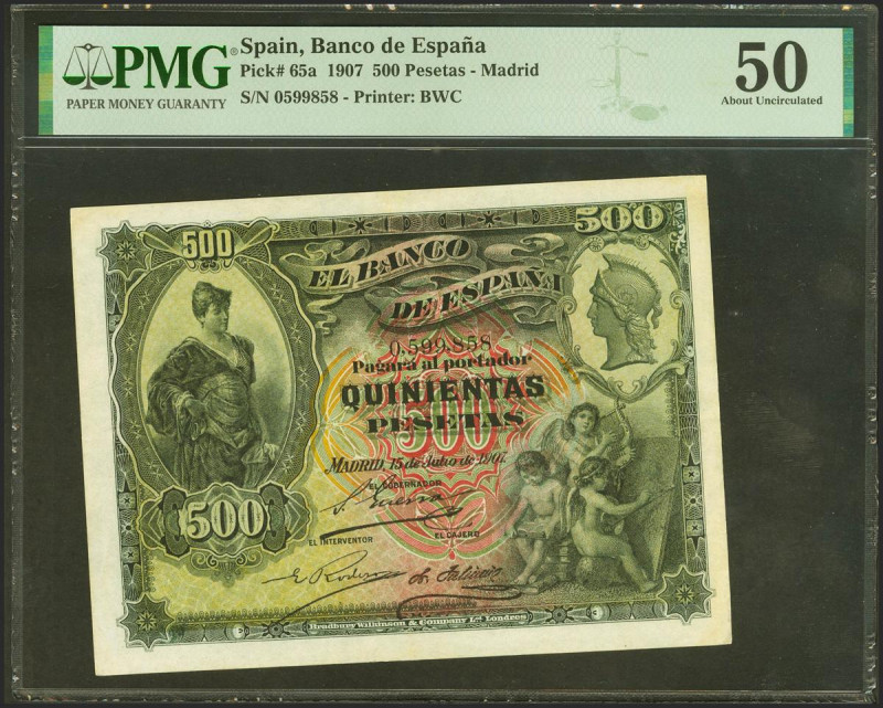 500 Pesetas. 15 de Julio de 1907. Sin serie. (Edifil 2021: 321, Pick: 65a). Rarí...