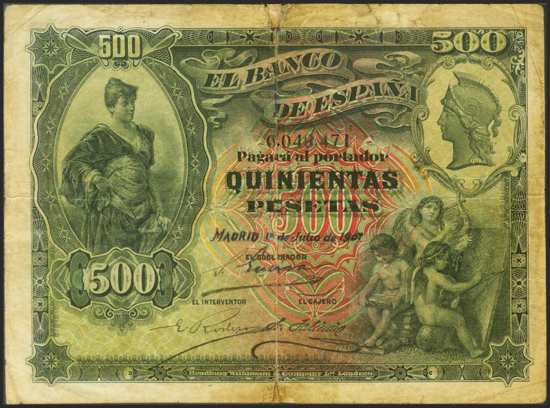 500 Pesetas. 15 de Junio de 1907. Sin serie. (Edifil 2021: 321). Inusual, repara...