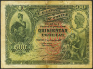 500 Pesetas. 15 de Junio de 1907. Sin serie. (Edifil 2021: 321). Inusual, reparado. MBC-.