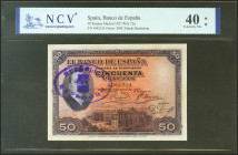 50 Pesetas. 17 de Mayo de 1927. Sin serie y sello de caucho REPUBLICA / ESPAÑOLA. (Edifil 2021: 332, Pick: 72a). EBC-. Encapsulado NCV40.