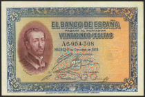25 Pesetas. 12 de Octubre de 1926. Serie A y doble sello en seco GOBIERNO PROVISIONAL DE LA REPUBLICA / 14 ABRIL 1931. (Edifil 2021: 335). Inusual dob...