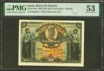 50 Pesetas. 15 de Julio de 1907. Sello en seco Gobierno Provisional de la República / 14 Abril 1931". (Edifil 2021: 338, Pick: 63b). Raro, apresto ori...