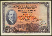 50 Pesetas. 17 de Mayo de 1927. Sin serie y sello en seco GOBIERNO PROVISIONAL DE LA REPUBLICA / 14 ABRIL 1931. (Edifil 2021: 339). Muy raro, conserva...