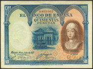 500 Pesetas. 24 de Julio de 1927. Sin serie, numeración anterior al 1602000 y con el sello GOBIERNO PROVISIONAL DE LA REPUBLICA / 14 ABRIL 1931. (Edif...