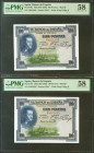100 Pesetas. 1 de Julio de 1925. Pareja correlativa. Serie F. (Edifil 2021: 350, Pick: 69c). EBC++. Encapsulados PMG58, ambos.